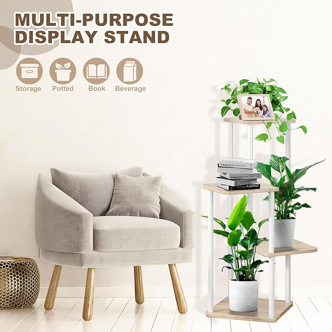 4 Tier Indoor Plant Stand Flower Shelf for Multiple Plants Corner, Tall Flower Holders for Patio Garden Living Room Balcony Bedroom(White Oak)