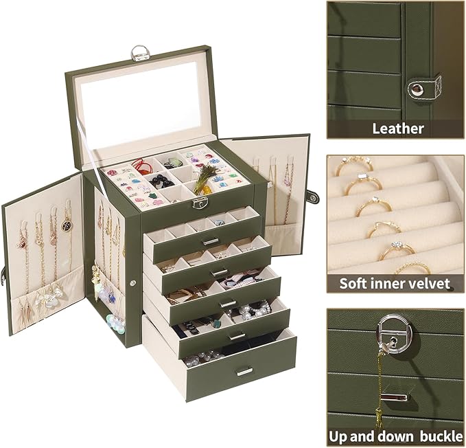BOOVO Jewelry Box For women, 6 Layer Large Jewelry Organizer With Mirror, Multi-Function Storage Box With Lock, Accessory Holder With 5 Drawers, For Earrings Necklace Ring Bracelet (Army green)
