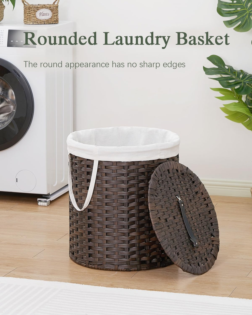 Laundry Hamper with Lid Wicker Laundry Hamper Round 26.5 Gal (100 L) Laundry Basket Handwoven Rattan Laundry Basket with Removable Bag Handles 2 Mesh Bags for Living Room Bedroom Brown