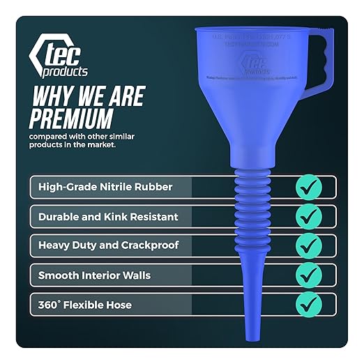 TEC Products FlexAll Long Flexible Funnels - Automotive Oil Funnel with Hose, Durable Nitrile Rubber for Oil Change, Transmission Funnel Fluid, Diesel, Fuel, Gas - Made in USA - Blue (16 x 5 Inches)