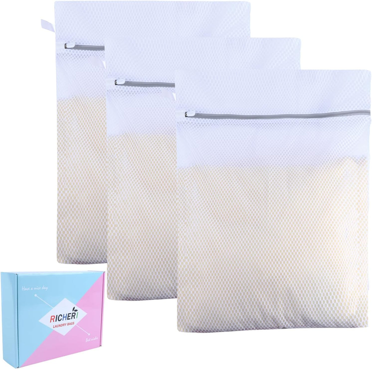 Mesh Laundry Bags, Mesh Wash Bags, Durable Mesh Structure with Strong Zipper, Suitable for Underwear, Delicate Clothes, Pants, Shoes, Socks Washing (Honey mesh, Large 20 * 24in*3pcs)