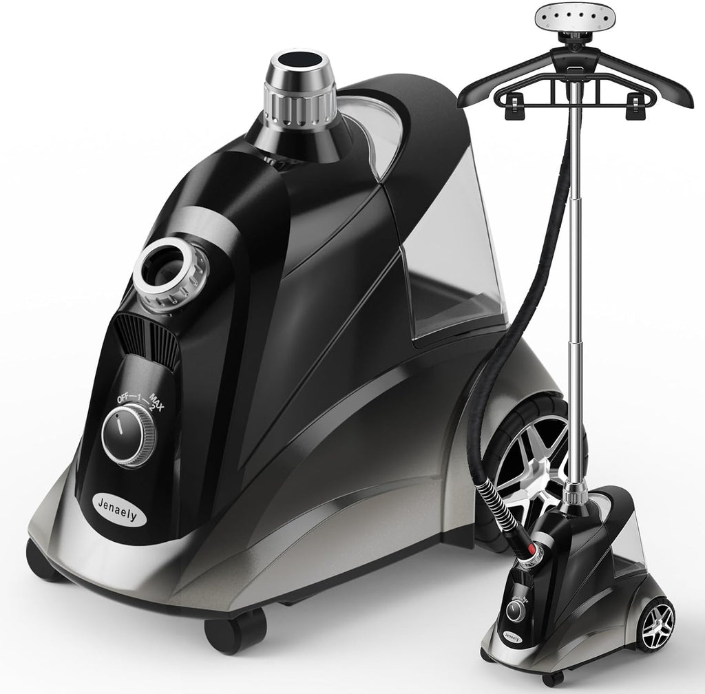 Steamer for Clothes, Jenaely 1500W Standing Garment Steamers, 35s Fast Heat-up, 80 Mins of Continuous Powerful Steam with 2.8L Water Tank, Pants Clip & Children's Clothing Hanger