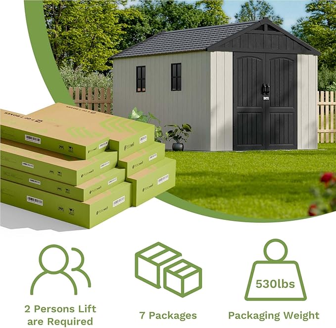 Patiowell 8 x 12 FT Plastic Outdoor Storage Shed with Floor, Resin Shed with Window and Lockable Door for Garden, Backyard, Tool Storage Use, Easy to Install in Beige (Kick-it Shed)