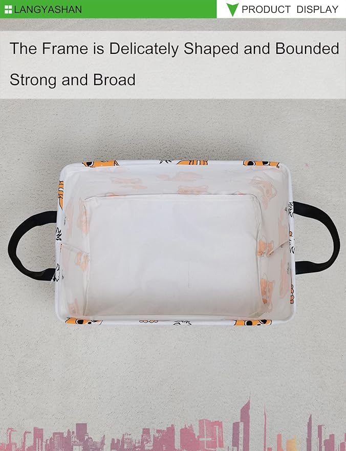 LANGYASHAN Rectangular Storage Bin Collapse Canvas Fabric Cartoon Storage Basket with Handles for Organizing Home Kitchen Boys and Girls Toys Office Closet Shelf Baskets(Rec Fox)