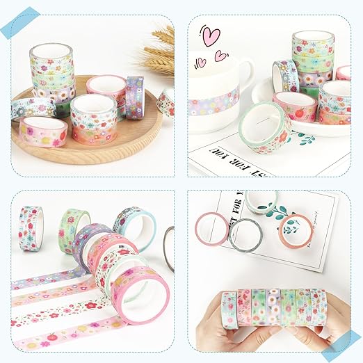12 Rolls Sunflower Washi Tape Set, Floral Botanical Writable Masking Tapes, Cute Spring Colored Adhesive Tapes for DIY Art Crafts, Gift Wrapping, Scrapbook, School Supplies, Painters, Planners 16.4Ft