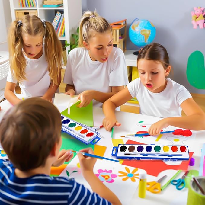 FUMILE Watercolors Paint Set Bulk,48 Pack 8 Washable Bright Colors with Paintbrush.Watercolors Paint Set Kids for Parties,Art Lessons,Birthday Party Favor,Back to school,All Ages.