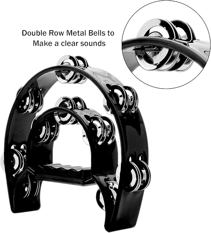 Musfunny Tambourine Double Row Metal Jingles Hand Held Percussion Half-Moon Tambourines Musical Instrument Gifts for Kids, Adults, Party - Black