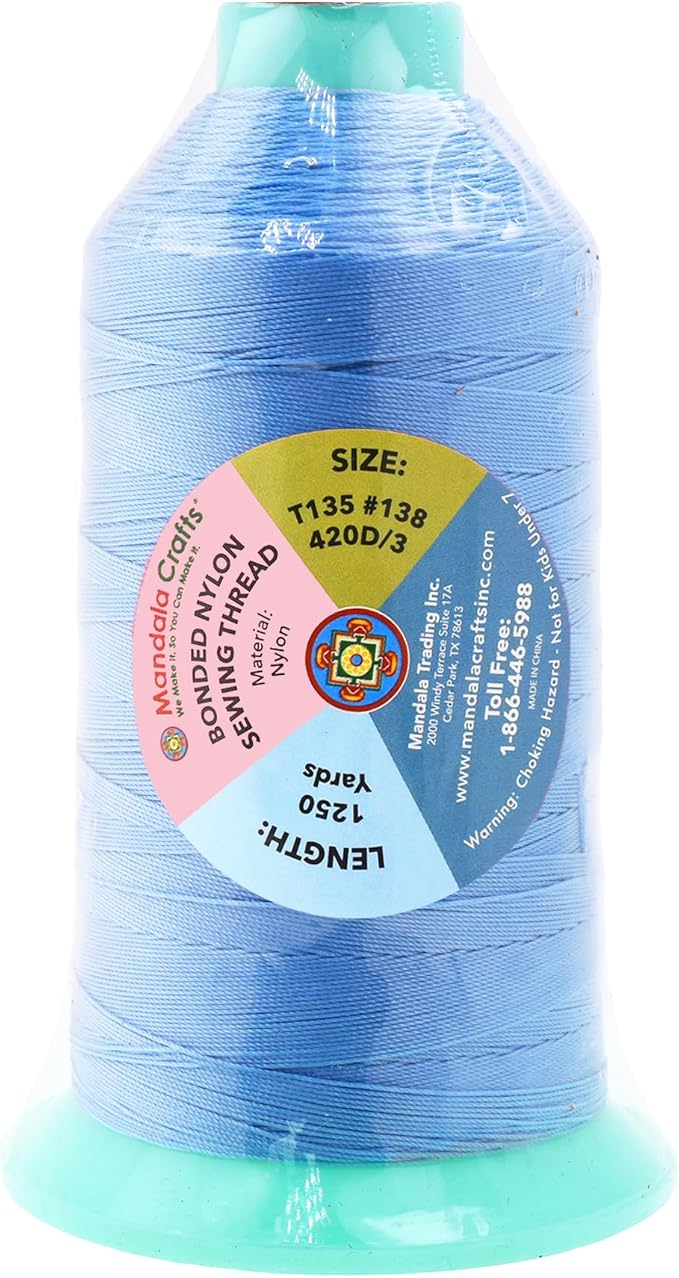 Mandala Crafts Bonded Nylon Thread Light Blue Heavy Duty Sewing Threads - 1250 YDs Size 138 420D T135 Tex 135 Thread for Leather Jeans Weaving Outdoor Marine Upholstery Threads