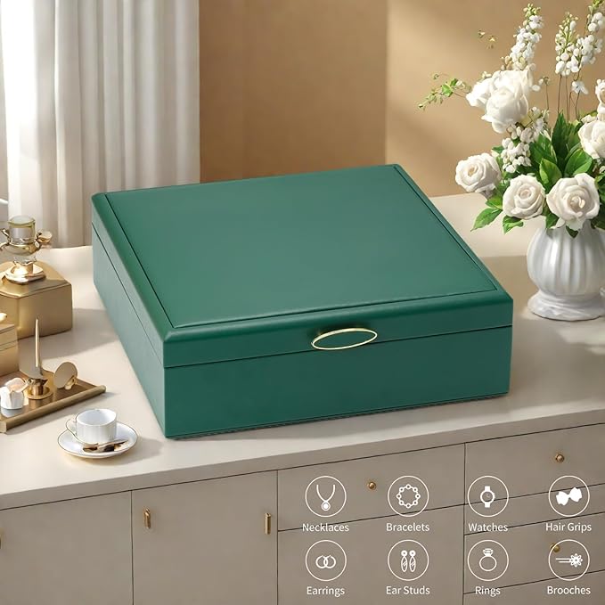 2-layer jewelry box，Jewelry Organizer with Handle，with hanging necklace hooks, detachable jewelry trays, suitable for storing a large amount of jewelry gift box (Large-Green)