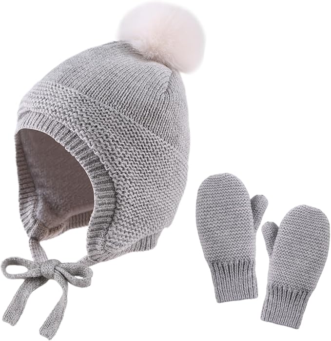 Basic Winter Baby Beanie Gloves Boys Girls Knitted Hat Pompom Kids Earflap Hats Warm Infant Toddler Beanie Mittens Set