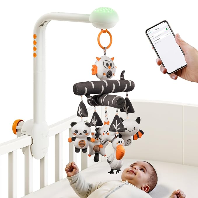 TUMAMA Baby Crib Mobile, High Contrast Baby Crib Toy with Projection Night Light, Music and White Noise, Soft Plush Animal Black and White Hanging Toy for Infant 0 3 6 9 Months Newborn Gift