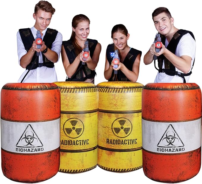 4 Barrels Inflatables, Compatible with Nerf, Laser tag, Birthday Party Activities and Decoration.
