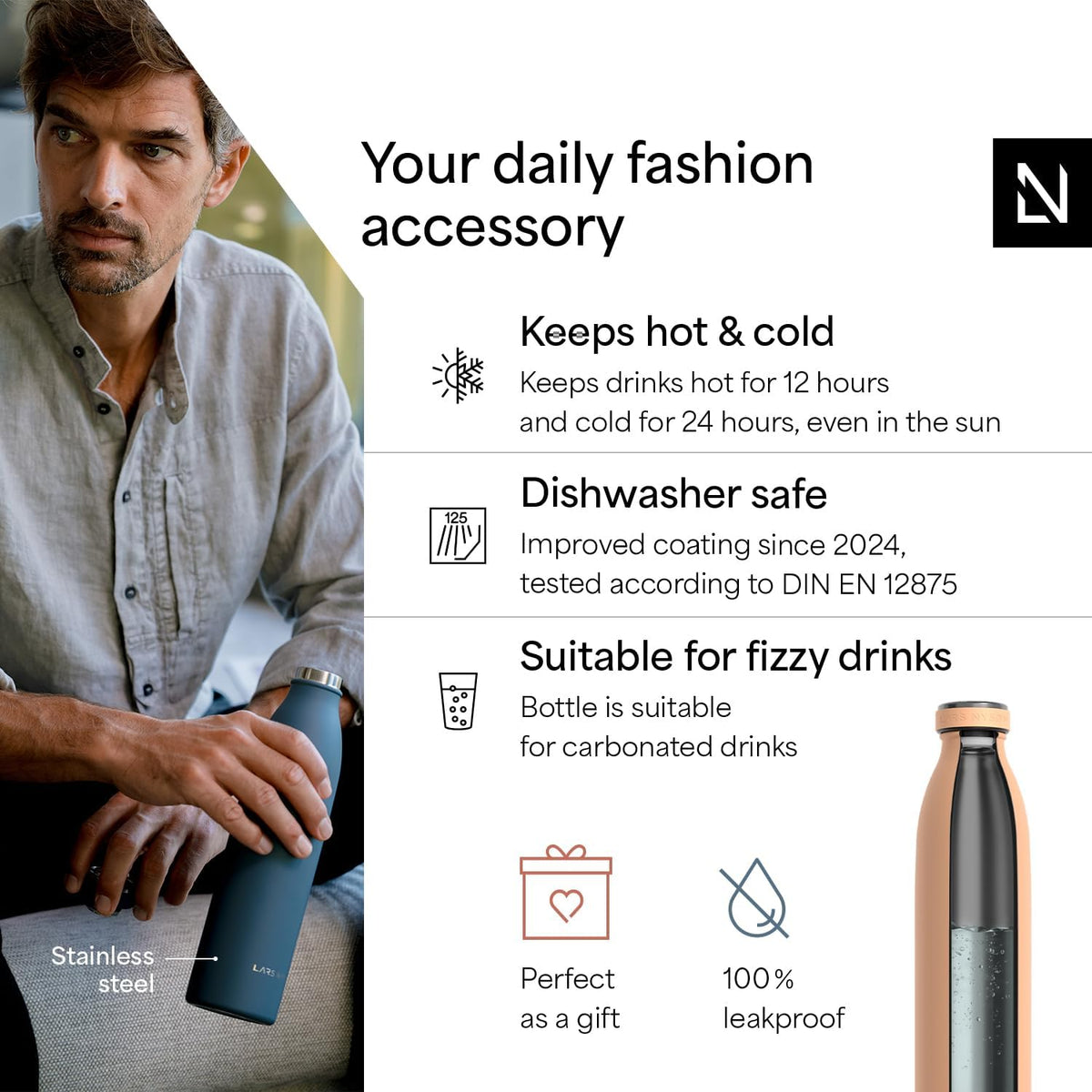 LARS NYSØM Stainless Steel Insulated Water Bottle 12oz 17oz 25oz 34oz 51oz | Insulated Thermo Flask for Hot and Cold Beverages | Leakproof Drinking Bottle (Creamy Peach, 25.4 oz)