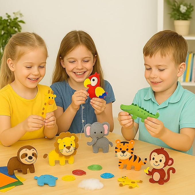 FYXGZZH Kids Beginner Sewing Kit – DIY Stuffed Craft Set with Pre-Cut Felt, Plastic Needle & Embroidery Thread, Educational Arts & Crafts for Boys & Girls Ages 6-12, Jungle Animal