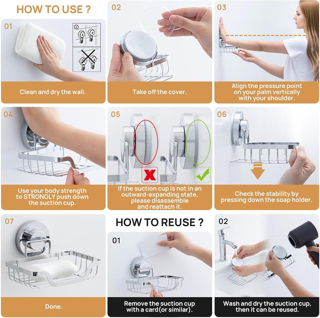 LEVERLOC Soap Dish, Soap Bar Holder for Shower Suction Cup Wall Mounted, Stainless Steel No-Drilling Removable Waterproof Sponge Holder for Bathroom Bathtub Kitchen Sink, Keep Dry, Silver