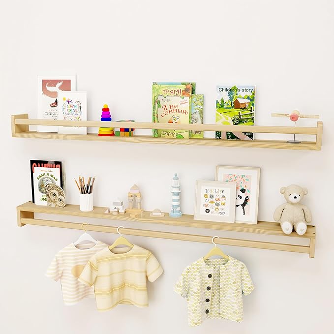 Fun Memories Nursery Book Shelves - Rustic Natural Solid Wood Floating Bookshelf for Kids - Wall Book Shelves for Kids Room (Natural, 48inch - 2P)