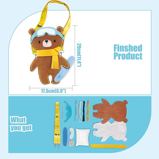 Avenir Sewing Kit for Kids Birthday Gifts for Kids Aged 6 Corduroy Fabric With Shoulder Strap Safe Needles Pre-cut Felt Easy DIY Arts and Crafts for Boys and Girls Stuff No Mess with Full Instructions