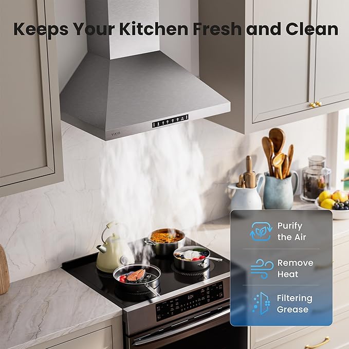 Wall Mount 30 Inch Range Hood 900 CFM, Ductless/Ducted Convertible Kitchen Hood, 3-speed Gesture Sensing & Touch Control, Stainless Steel Kitchen Vent Hood with Permanent Baffle Filters