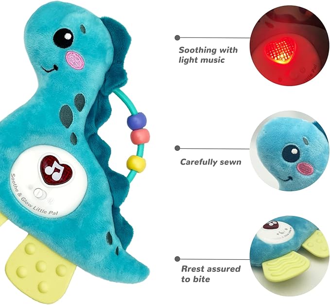 Baby Musical Activity Soft Toys with Sound & Light, Sensory Toys for Infant Developmental with Teether, Rattle and Textures, Soft Plush Toy for Newborn Gift 6 to 12 Months (Blue Dinosaur)