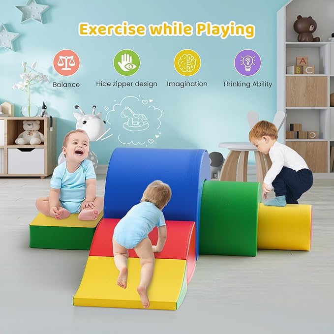 Lischwert Foam Climbing Blocks, Soft Climbing Toys for Toddlers, 5 Pieces Crawl and Climb Foam Playset with Foldable Block and Tunnel, Indoor Climber Activity Play Set for Kids Age 1+(Colorful)