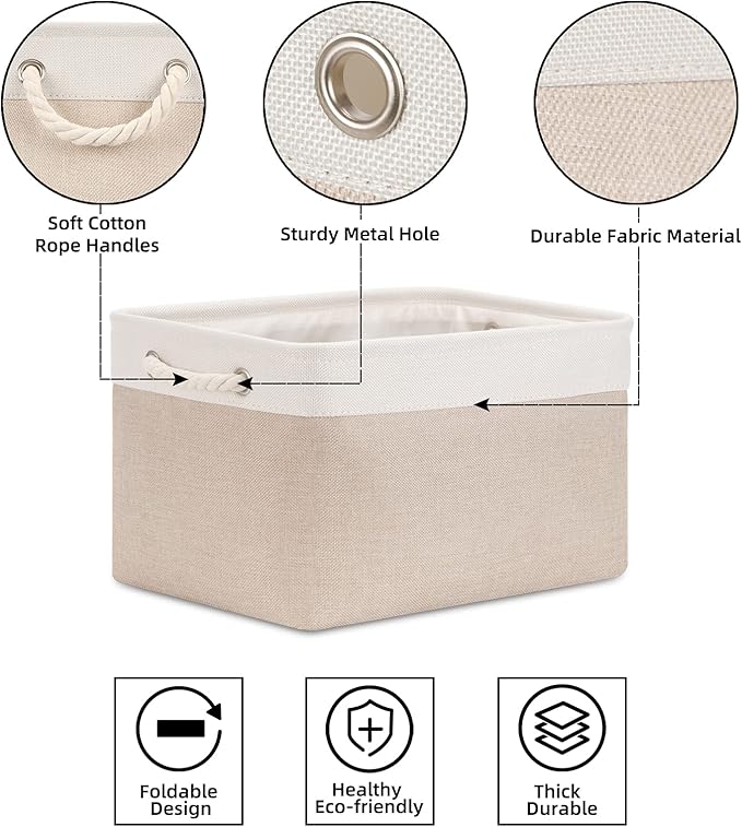 Bidtakay Large Fabric Baskets with Handles [3-Pack] Collapsible Storage Basket for Shelves 15 X 11 X 9.5 inches Canvas Bins for Closet Organization (White&Beige)