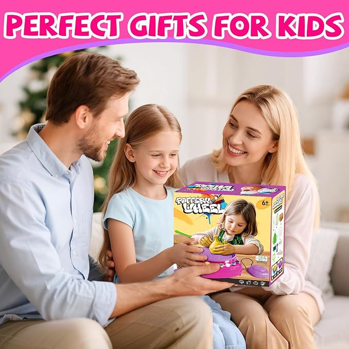 Vinkp Pottery Wheel for Kids - Complete Pottery Painting Kit Arts and Crafts for Kids Ages 8-12 with Air Clay Art Supplies for Girls Boys Toys Birthday Christmas Gifts for 6 7 8 9 10 11 12 - Pink