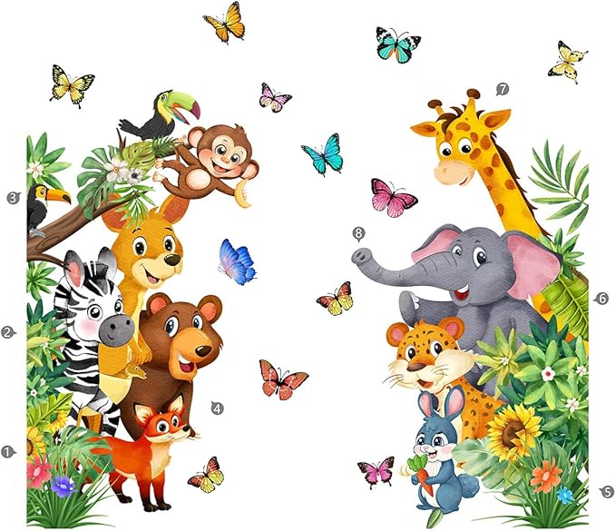 Jungle Animal Wall Decals, Cartoon Animal Sticker Safari Elephant Lion Monkey Wall Decals for Baby Room Playroom Bedroom Classroom Kindergarten Decor