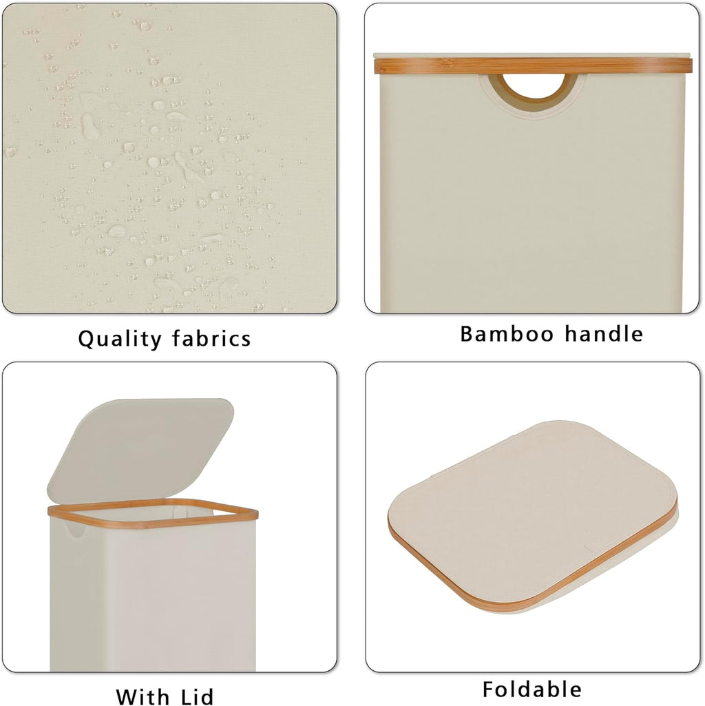 100L Laundry Hamper with Lid, Lagre Basket with Bamboo Handles,Foldable Clothes Hamper Tall Dirty Laundry Basket for Clothes Toys Towels Organizing,Beige