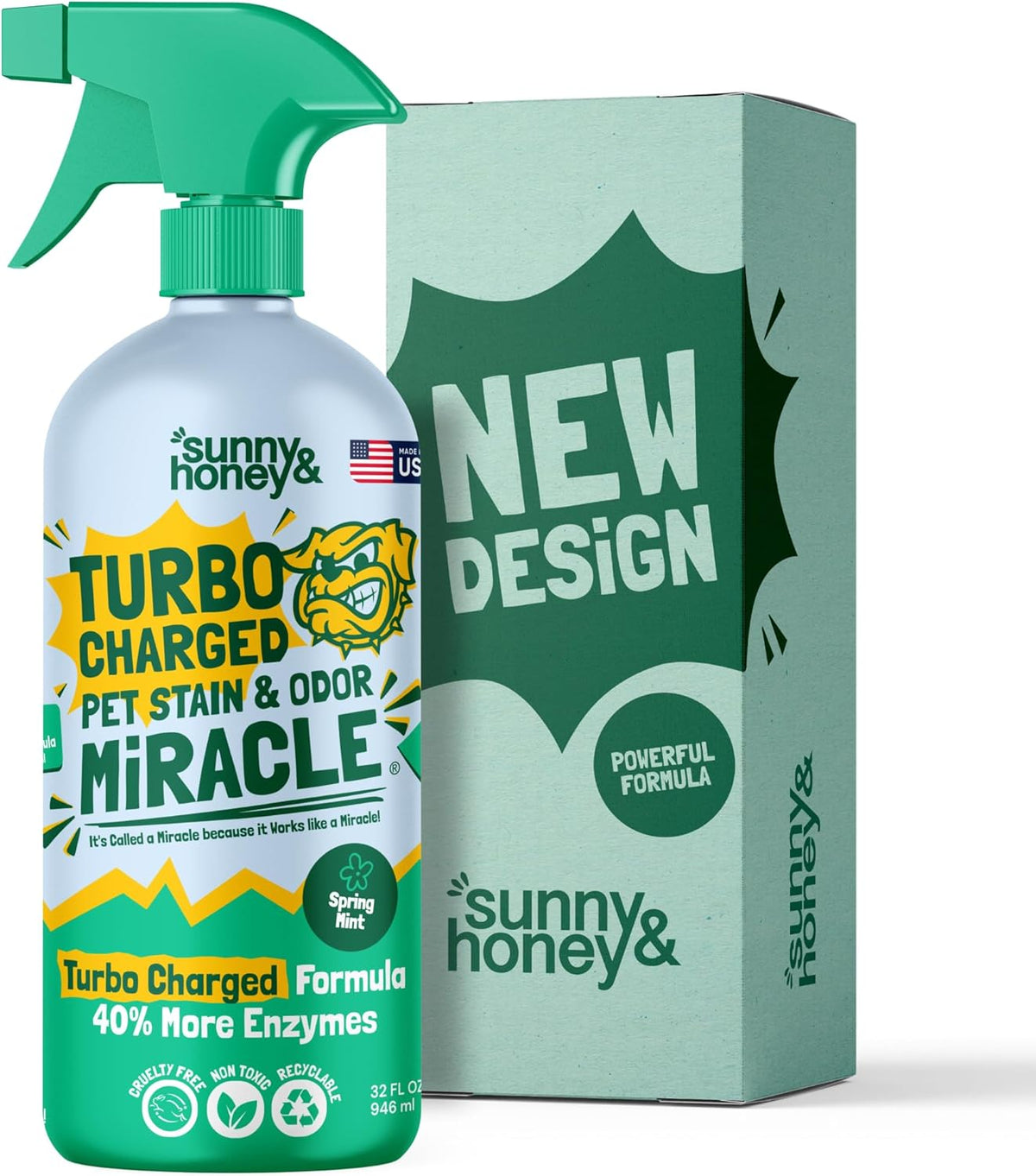 Sunny & Honey Pet Stain & Odor Miracle - Turbo Charged, 32 Fl Oz, Spring Mint - Carpet Shampooer Enzyme Cleaner Spray - Pet Urine & Odor Eliminator Spray - Stain Remover & Carpet Cleaning Solution