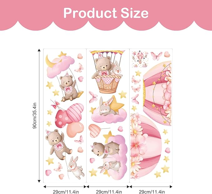 Tanlaby Pink Hot Air Balloon Wall Stickers Cartoon Bear Rabbit Stars Heart Wall Decals Peel and Stick Art Decor for Girls Bedroom Baby Nursery Kids Playroom Classroom