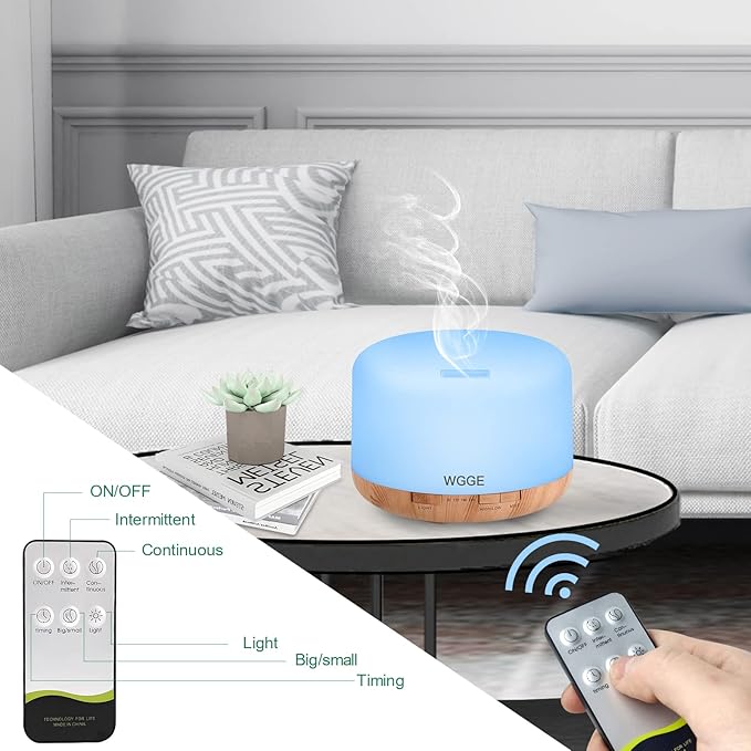 WGGE Essential Oil Diffuser, 500ml Premium Ultrasonic Vaporizer Aromatherapy Diffuser with 7 Color Changing, Timer, and Waterless Auto-Off with Remote Control.
