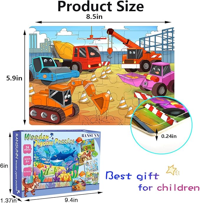 Wooden Puzzles for Kids Ages 3-5, 24 Piece Colorful Learning Toys for Toddler Children - Educational for Boys and Girls (6 Puzzles)