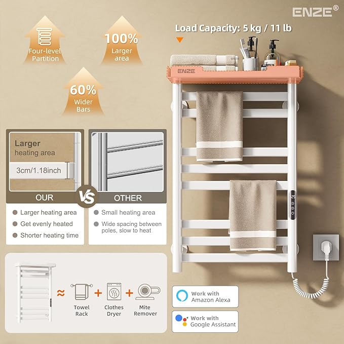 ENZE Heated Towel Rack with Shelf and Wi-Fi App Control, 8 Bars Electric Wall Mounted Towel Warmer with Timer & Adjustable Temperature, Low Carbon Steel, Plug-in/Hardwired, White