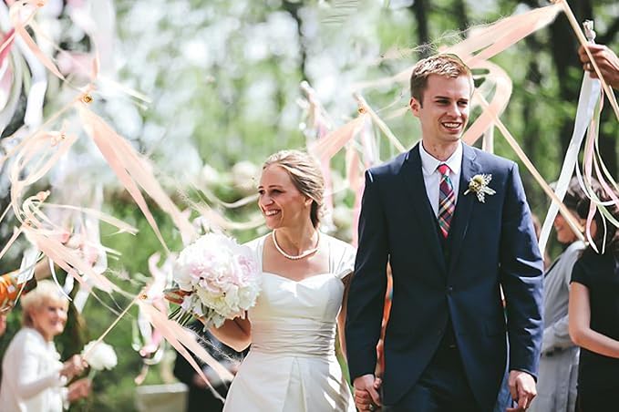100 Pieces Wedding Ribbon Sticks Wands with Bell, Pink Champagne Ribbon Streamer Silk Fairy Wand for Wedding Send Off Idea, Bridal Shower and Ceremony Exit Event