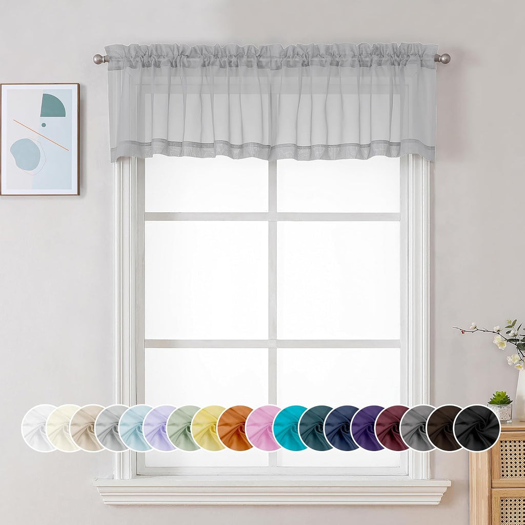 Chyhomenyc Sheer Light Grey Valances for Windows 2 Pack, Small Window Curtains for Living Room Bathroom Cafe Laundry Basement, Modern Top Dual Rod Pocket Voile Curtain, 42W x 14L inches