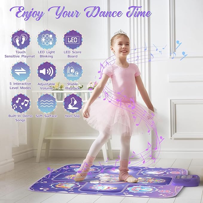GirlsHome Dance Mat - Unicorn Toys for Girls Electronic Dance Pad with 5 Game Modes, Built-In Music, Touch Sensitive Light Up LED Kids Musical Mat, Christmas & Birthday Gift for Toddler Girls 3-12