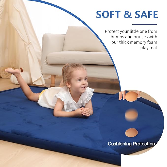 Baby Play Mat for Floor,1.3" Thick Memory foam Tummy Time Mat,Soft Coral Velvet Nursery Rug,Extra Large Non Slip Crawling Mat for Toddlers,Infants,kids,Yoga Mat,Tatami Mat for Living Room(Royal Blue)