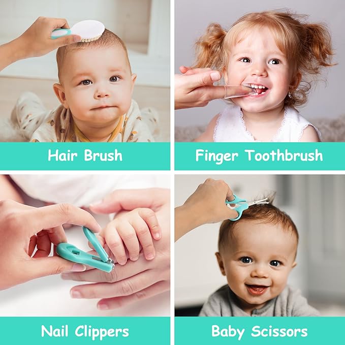 Baby Healthcare and Grooming Kit, 28 in 1 Portable Baby Essentials Kit Electric Nail Trimmer Set with Gas Relief Hair Brush Comb Nasal Aspirator for Newborn Boys Girls (Green)