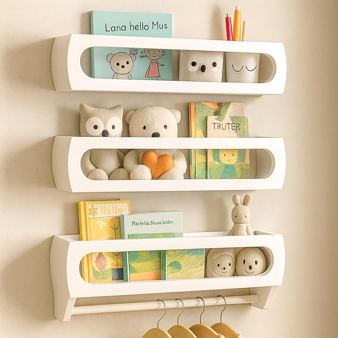 Bamboo Nursery Book Shelves, Fully Assembled For Easy Use - Set of 3 Floating Shelves for Wall Kids, Wall Mounted Book Shelves For Kids Room, Baby Room, Toddler Room, Nursery Decor, 16.5 Inch White