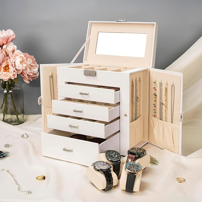 AKOZLIN 5-Tier Jewelry Box Lockable Leather Jewelry Storage Case with 4 Drawers for Women Girls Ring Necklace Earring Bracelet Watches Holder Organizer with Mirror