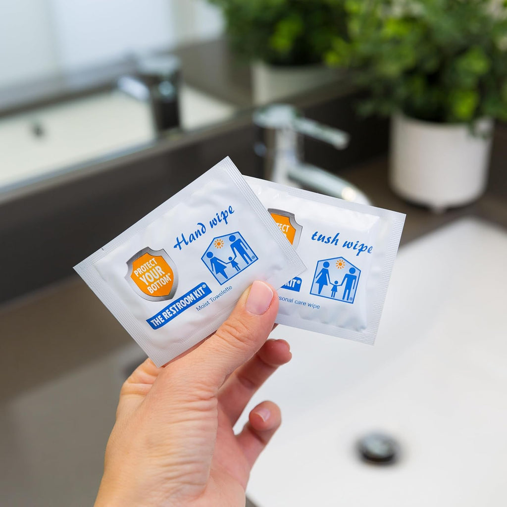 The Restroom Kit Great for travel (12-Pack) Portable Disposable Oversized Toilet Seat Cover, 3ft 3Ply Toilet Paper, Hand & Flushable Tush Wipe.