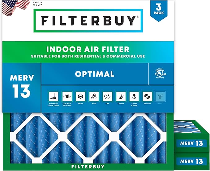 Filterbuy 25x25x2 Air Filter MERV 13 Optimal Smoke & Allergy Defense (3-Pack), Electrostatic Pleated HVAC AC Furnace Filters Replacement, Made in USA (Actual Size: 24.50 x 24.50 x 1.75)