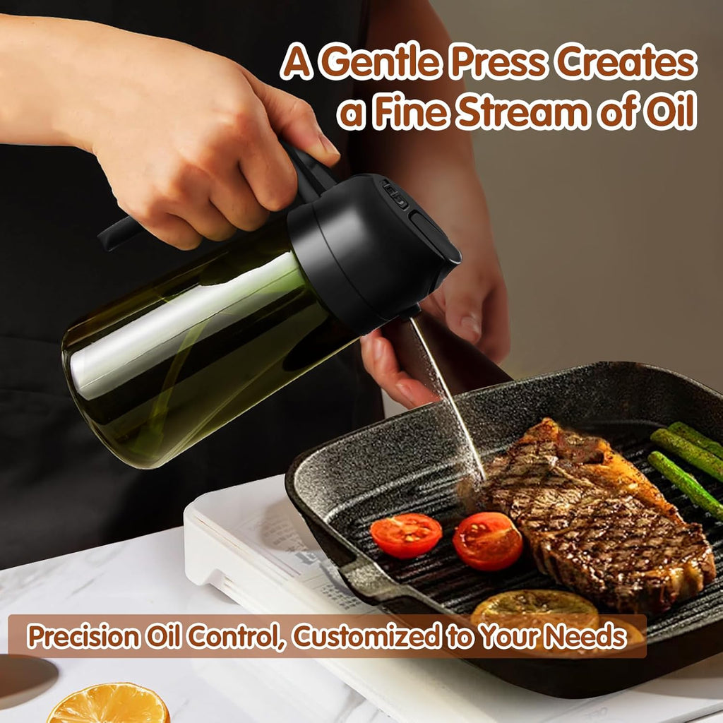 YARRAMATE 16oz/470ml 2PCS Light Blockage Dark Oil Sprayer for Cooking, 2 in 1 Olive Oil Dispenser Bottle for Kitchen, Green Glass Oil Bottle, Food-Grade Oil Mister for Air Fryer, BBQ (Black & Green)