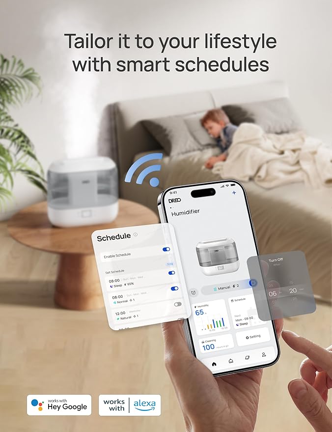 Dreo Smart Humidifiers for Bedroom, Top Fill 4L Cool Mist Humidifier with Nightlight, 36H Runtime, Touch/APP/Voice Control, Quiet Ultrasonic Humidifiers for Large Room, Home, Baby, Plants, Office