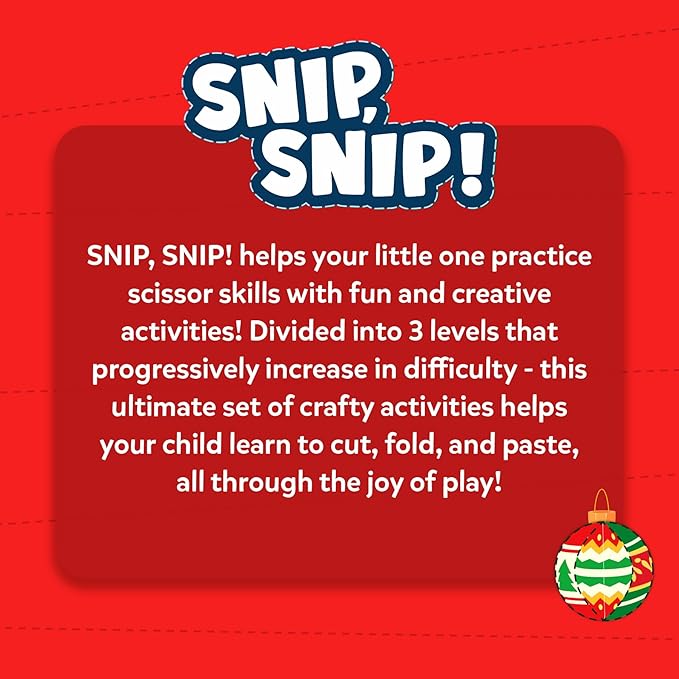 Skillmatics Scissor Skills Activity Book - Snip Snip Christmas, 25 Fun Cutting & Creative Activities for Preschoolers, 2 Child-Safe Scissors, Felt Craft Kit, Gifts for Kids Ages 3, 4, 5, 6, 7