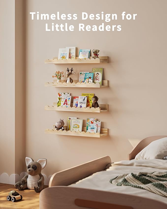 Nursery Book Shelves, 4-Pack Wood Floating Shelves for Wall Kids, Scalloped Shelves, Wall Book Shelves for Bedroom Kids, Toddler Room, Baby Room, Nursery Decor(Wood, 16.5 Inches)