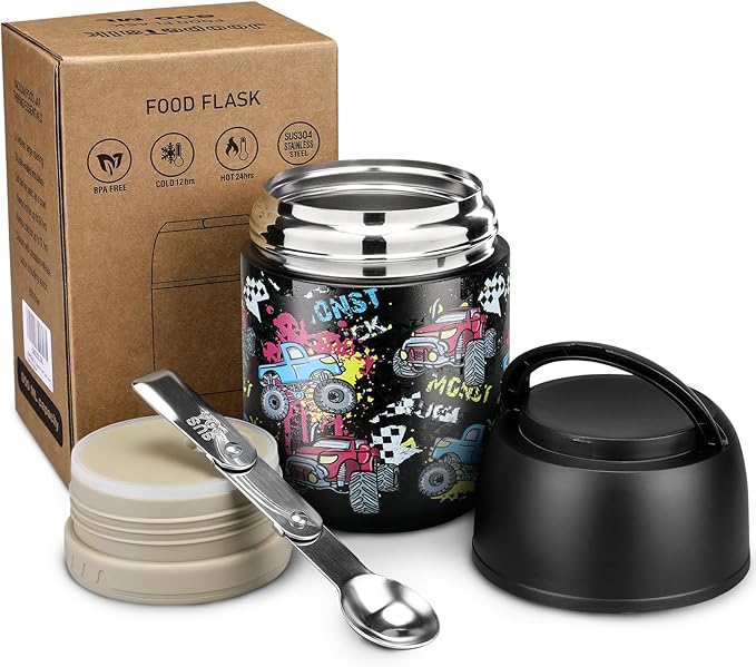 17 oz Insulated Lunch Containers Hot Food Jar, Wide Mouth Lunch Thermo for Kids Adults, Vacuum Stainless Steel Lunch Box With Handle Folding Spoon for School, Office Black - Car