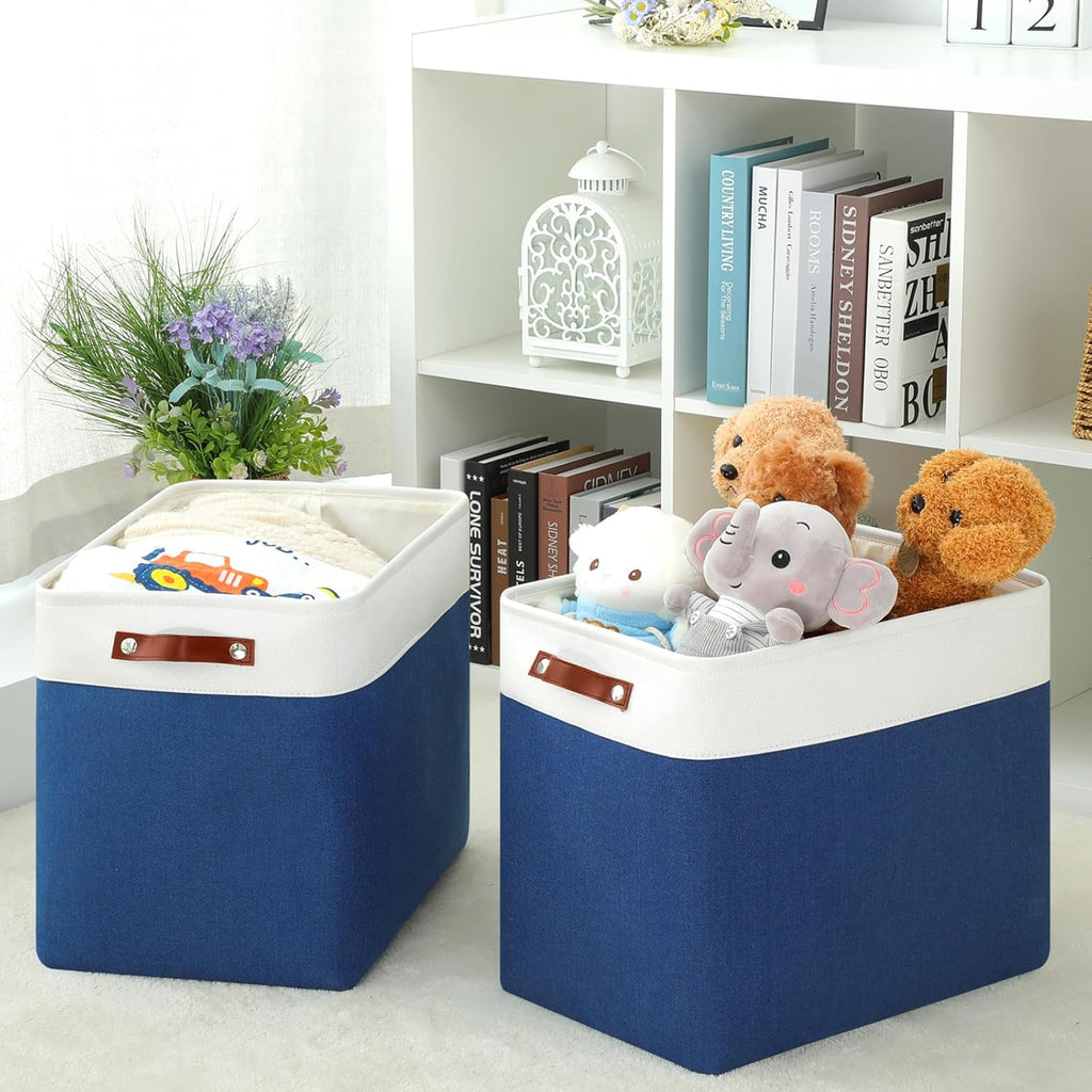 DULLEMELO Extra Large Storage Baskets, Fabric Storage Bins for Organizing Shelves Nursery Toys Books, Closet Baskets and Bins with Handles, White&Blue, 2-Pack