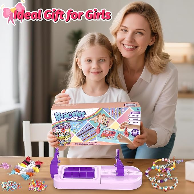 Friendship Bracelet Making Kit, Arts and Crafts Loom Bracelet Maker for Kids, Jewelry String Making supplies with 3 Thread Styles & 6 Bead Types, Christmas Birthday Gifts for Girls Ages 6 7 8 9 10+