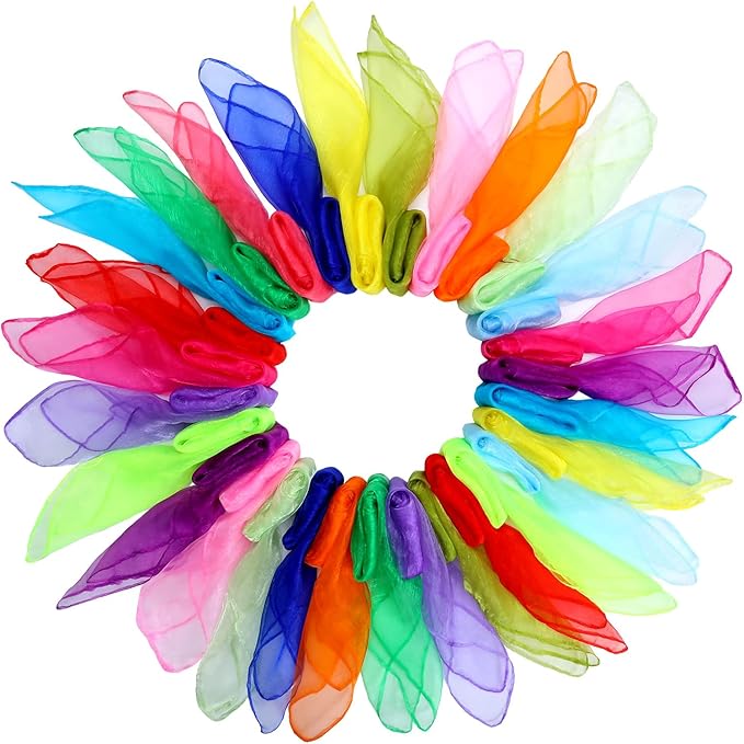 Colovis 60 Pack Dance Scarves,15 Colors Square Juggling Scarf Props Magic Trick Silk Scarves Music Movement Scarf for Kids to Play with, 24 by 24 Inches